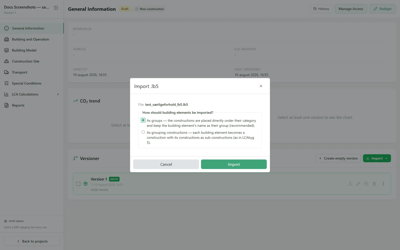 Import menu: choose .lb5 file, scenario and grouping options