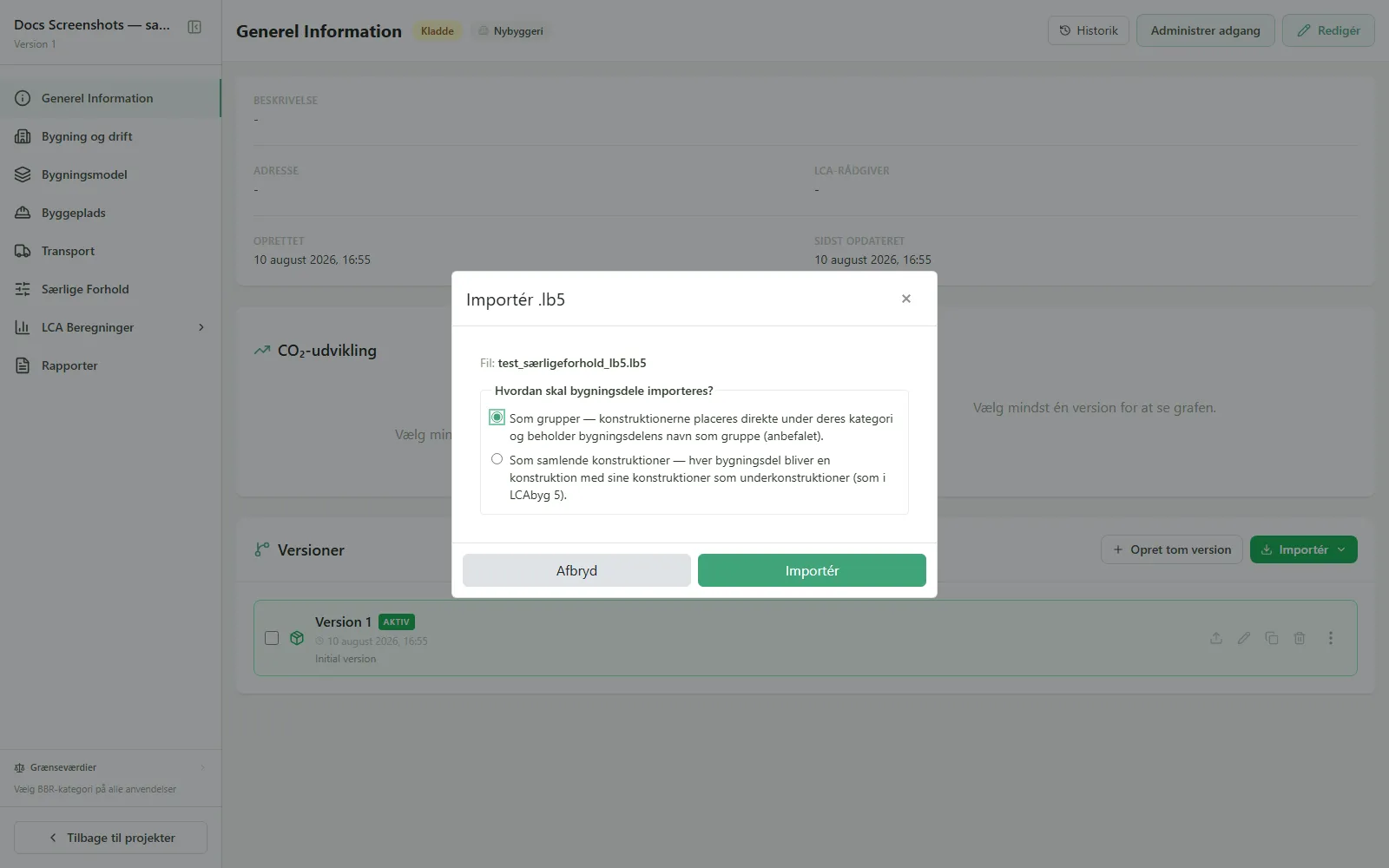 Importmenu: vælg .lb5-fil, scenarie- og gruppeindstillinger
