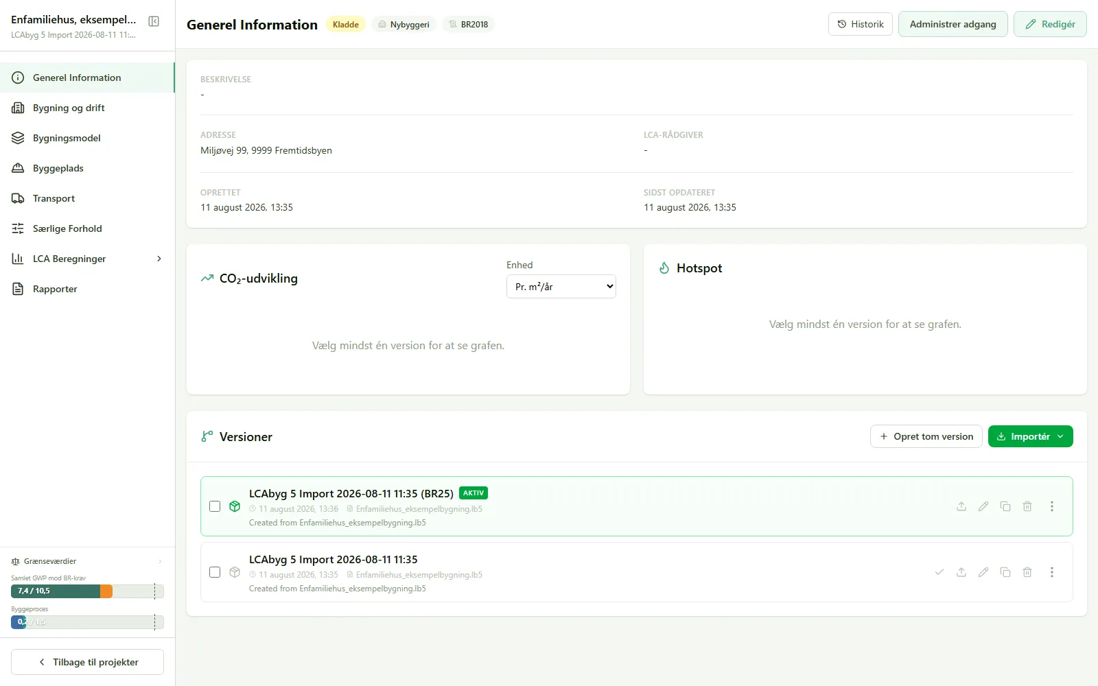 Generel Information-siden med stamdata og versionsliste